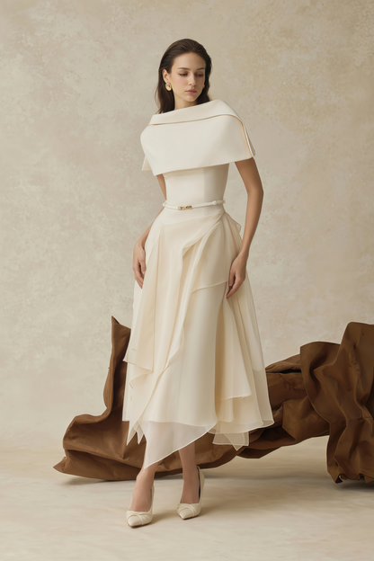 Aria White Asymmetrical Shawl & Tulle Panel Dress Set