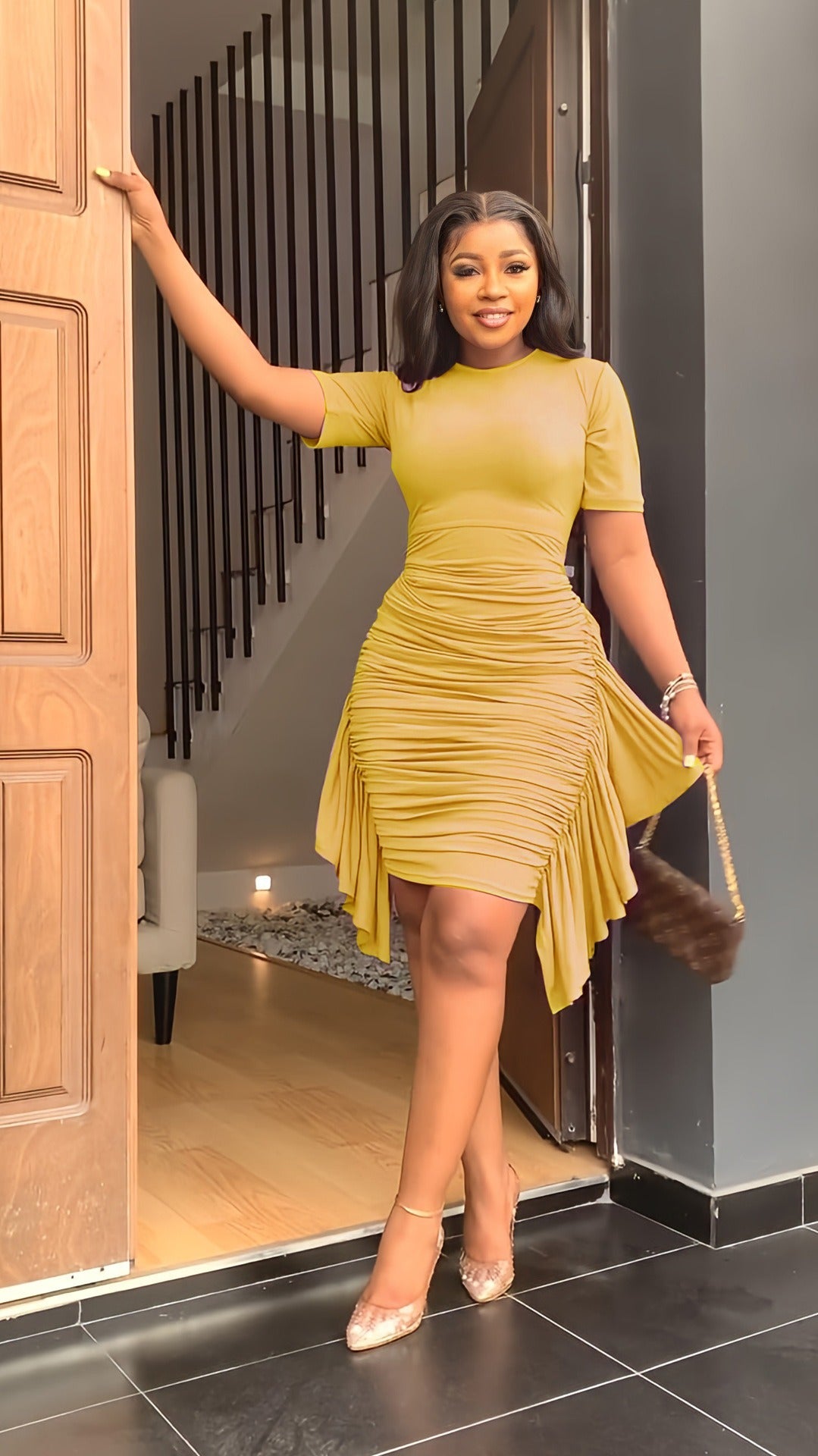 Ruched Side Ruffle Bodycon Midi Dress