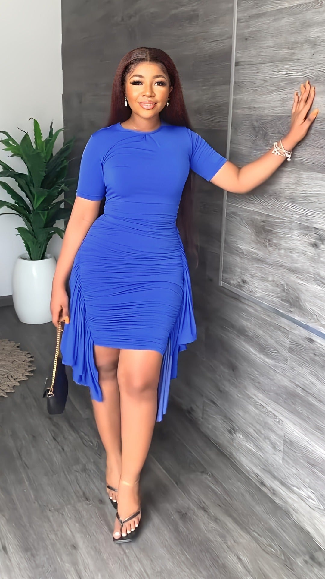 Ruched Side Ruffle Bodycon Midi Dress