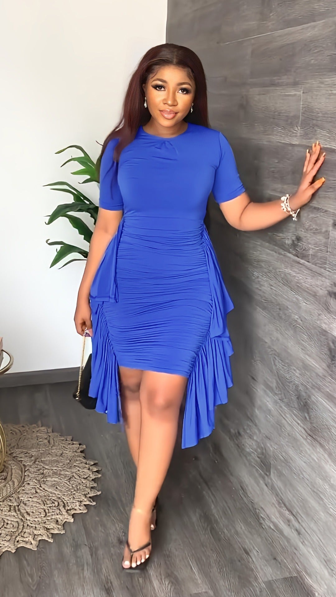 Ruched Side Ruffle Bodycon Midi Dress