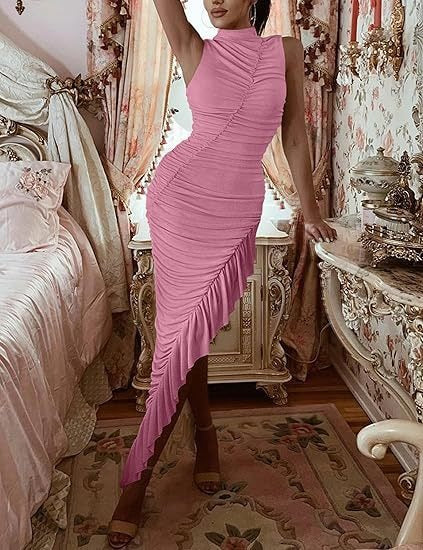Irregular Ruched Ruffle Bodycon Dress