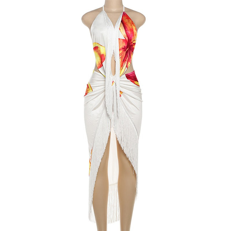 Halter-neck open-back V-neck maxi dress with fringe