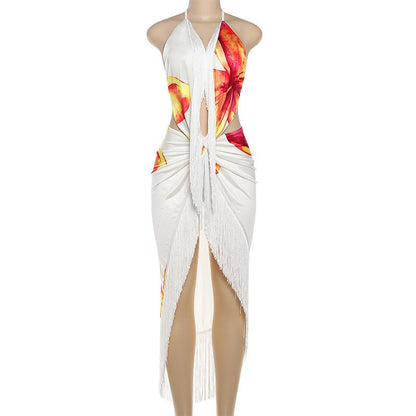 Halter-neck open-back V-neck maxi dress with fringe