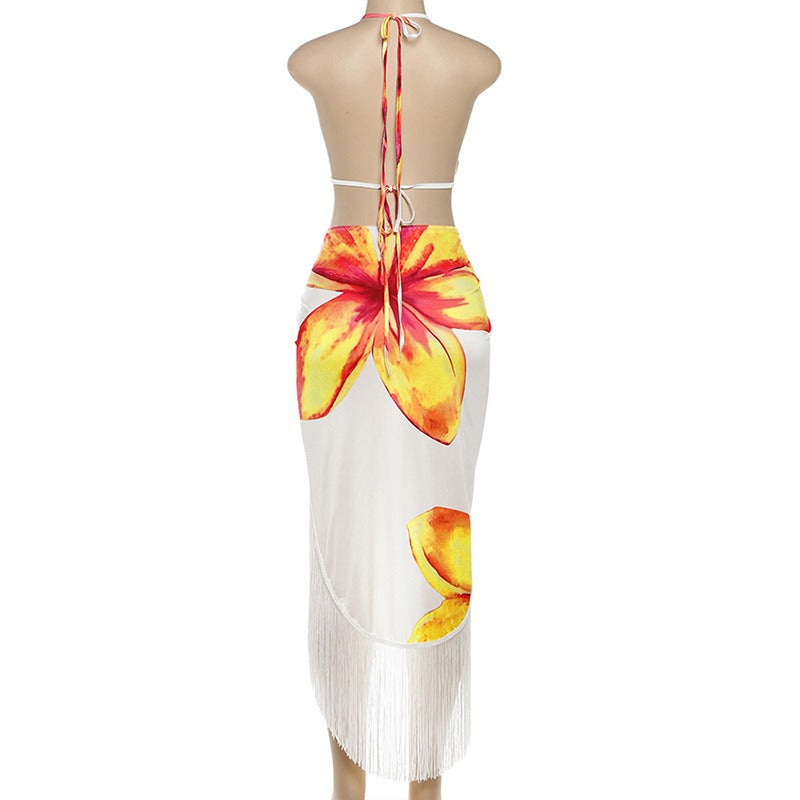 Halter-neck open-back V-neck maxi dress with fringe