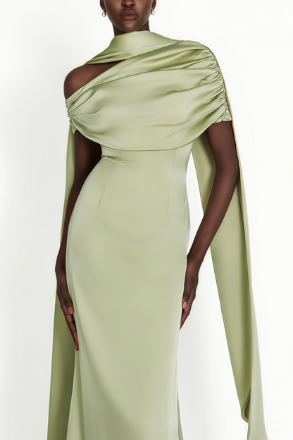 Benedetta Green One Shoulder Satin Maxi Dress