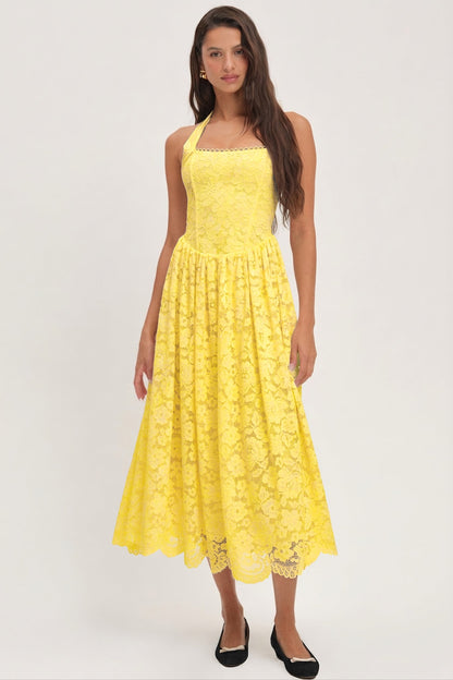 Solid Lace Halter Neck Midi Dress