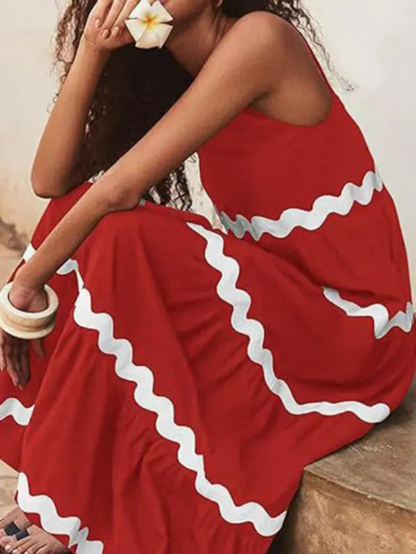 Blue Zone Planet | Simple U-Shaped Collar Corrugated Tube Top Solid Color A-Line Spaghetti Strap Skirt