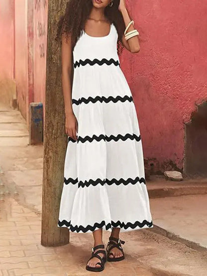 Blue Zone Planet | Simple U-Shaped Collar Corrugated Tube Top Solid Color A-Line Spaghetti Strap Skirt