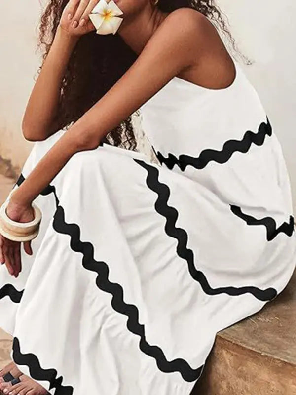 Blue Zone Planet | Simple U-Shaped Collar Corrugated Tube Top Solid Color A-Line Spaghetti Strap Skirt