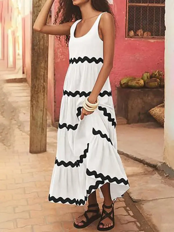 Blue Zone Planet | Simple U-Shaped Collar Corrugated Tube Top Solid Color A-Line Spaghetti Strap Skirt