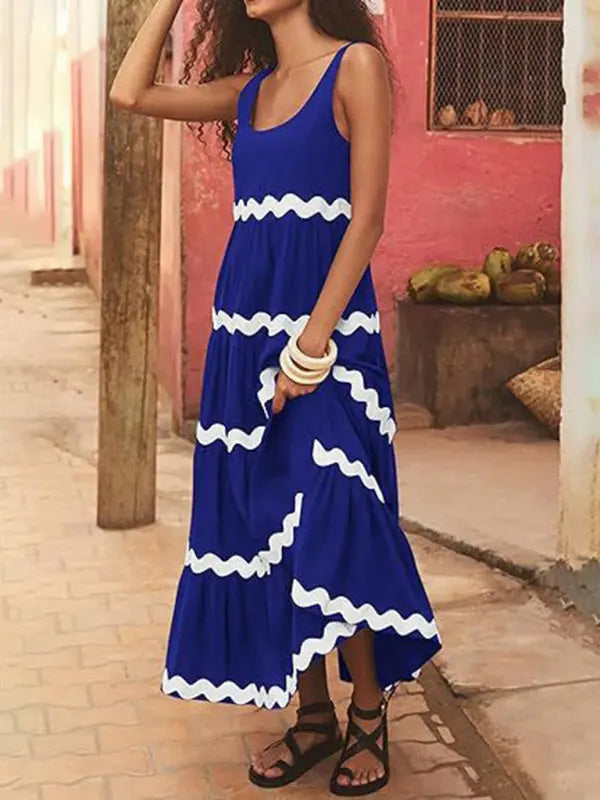 Blue Zone Planet | Simple U-Shaped Collar Corrugated Tube Top Solid Color A-Line Spaghetti Strap Skirt