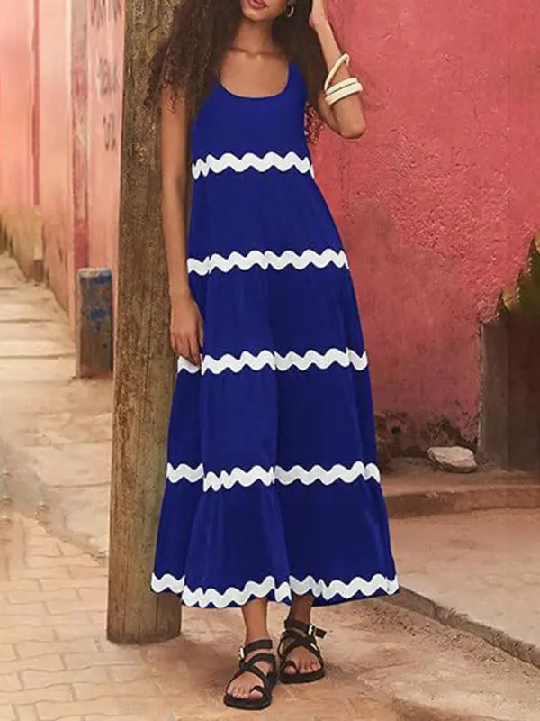 Blue Zone Planet | Simple U-Shaped Collar Corrugated Tube Top Solid Color A-Line Spaghetti Strap Skirt