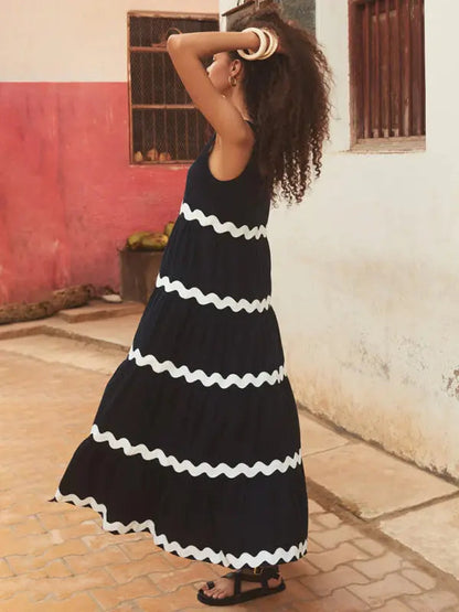 Blue Zone Planet | Simple U-Shaped Collar Corrugated Tube Top Solid Color A-Line Spaghetti Strap Skirt