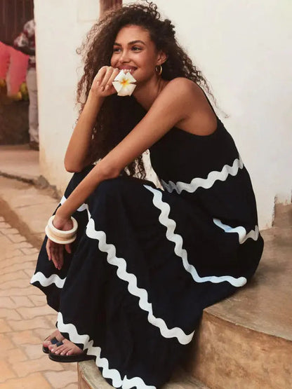 Blue Zone Planet | Simple U-Shaped Collar Corrugated Tube Top Solid Color A-Line Spaghetti Strap Skirt