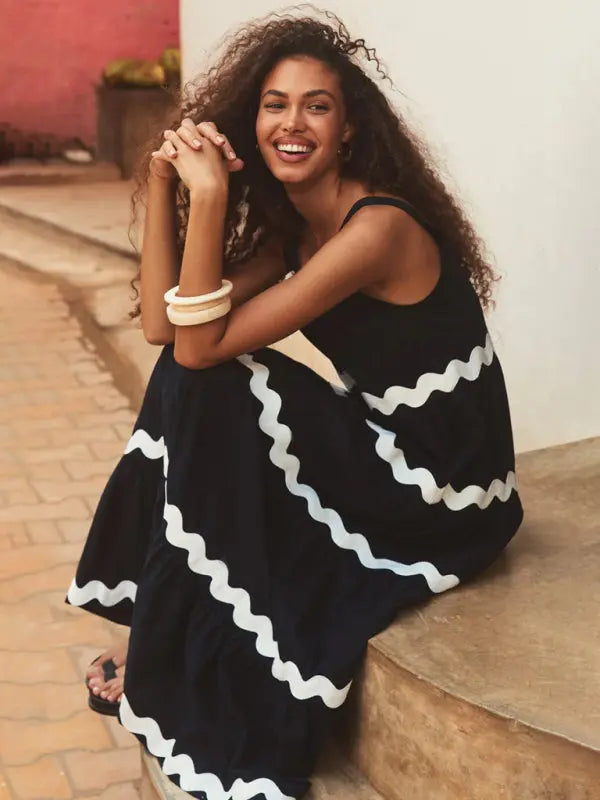 Blue Zone Planet | Simple U-Shaped Collar Corrugated Tube Top Solid Color A-Line Spaghetti Strap Skirt