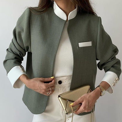 Blazer patchwork élégant pour femme avec col montant et pantalon