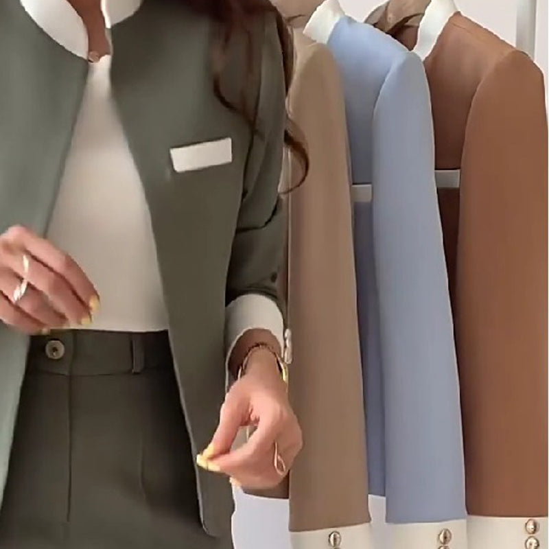 Blazer patchwork élégant pour femme avec col montant et pantalon