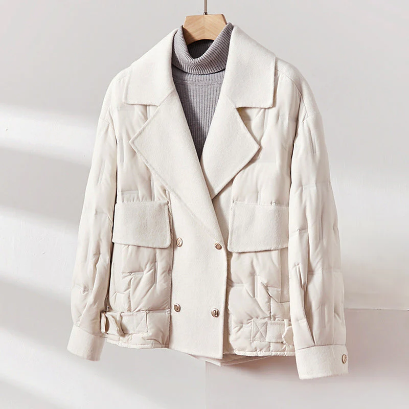 Women’s Down-Filled Wool Jacket with Lapel Collar